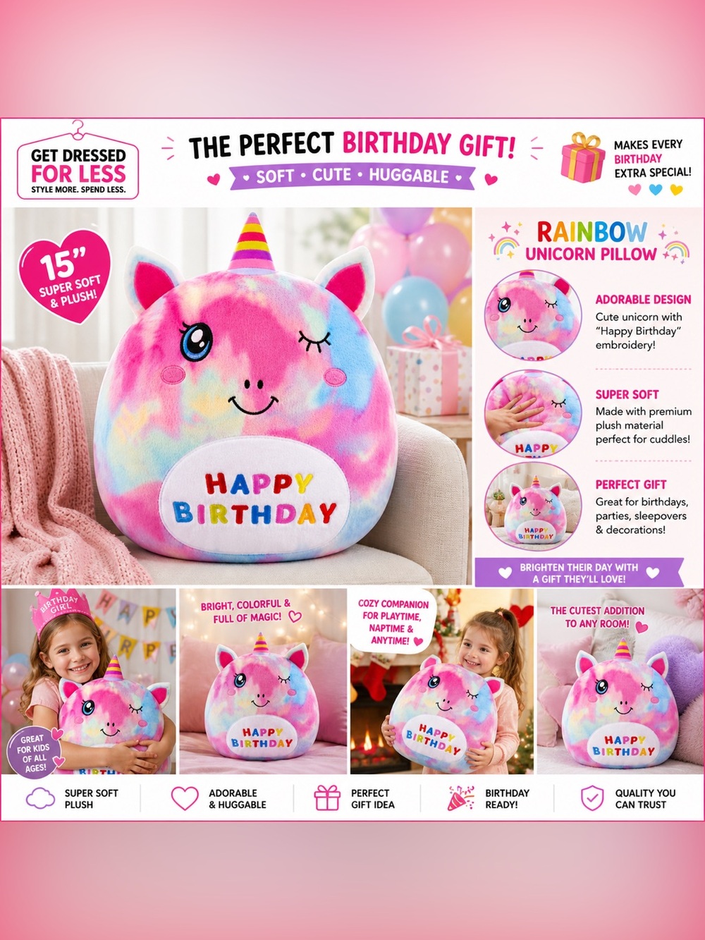 Unicorn Plush Pillow 15” Happy Birthday Rainbow Stuffed Animal Cute Gift Kids